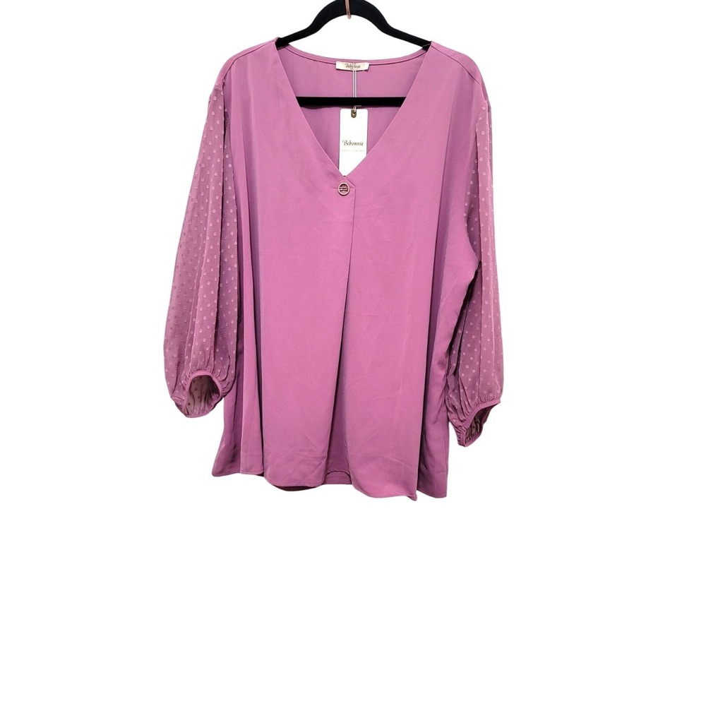 Bohemian Rose Pink V-Neck Blouse With Sheer Polka Dot Sleeves plus size blouse s